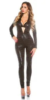 Seksīga Melnā Slapjš Izskatās Zip Atvērt Kājstarpes Jumpsuit Tiger Modelis, Ādas Catsuit Naktsklubs DS Kostīms Sieviešu Bodysuits Puse Clubwear