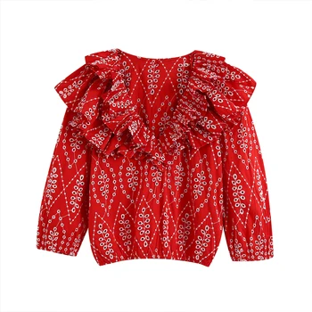 Seksīga Sarkana Sieviešu Ruffles Izšuvumi blūze topi 2020. gada Rudenī, Jaunā V-veida kakla Pusi piedurknēm Sieviešu krekls, blūze Elegants Pavasara YNZZU YT896