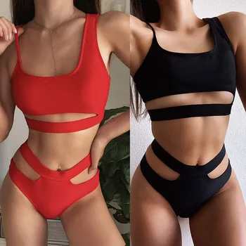 Seksīgi Bikini Komplekts Sievietēm Cieti Apsēju Bikini Dobi Peldkostīmi Vasaras High Cut Peldkostīmu Caurule Top Peldkostīms Sieviešu Beachwear 2020