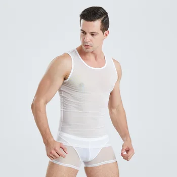 Seksīgi Vīriešu Tvertnes Augšējā Acu Pārredzamu Elpojošs Ultra-plānas Veste bez Piedurknēm, T Krekli Ikdienas Fitnesa Sleepwear Homme Undershirts
