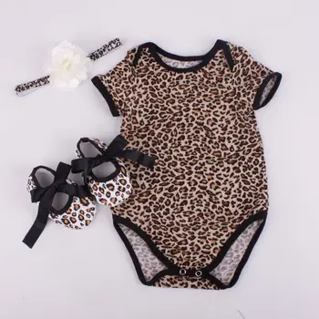 Set 3PCS Jaundzimušā bērna Baby Boy Girl Apģērbu 2017. Gada Vasaras Īsām Piedurknēm Leopard Ziedu Romper Bodysuit +Galvas +Kurpes Tērpiem