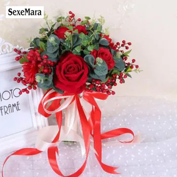 SexeMara Sarkanā Kāzu Bridesmaids turot ziedu Romantisku Kāzu Pušķi, Ziedu Līgava, Līgavas Pušķis de Mariage