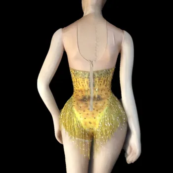 Sexy Apmeklējuši Balles Deju Kostīmu viengabala Apģērbs Mirdzoša Zelta Pušķis Rhinestones Bodysuit Izpildes Posmā Deju apģērbi