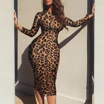 Sexy Bodycon Gara Kleita Sievietēm Leopards Drukāt Pilnu Piedurknēm Slim Fit Nakts Klubu Kleitas Modes Elegants Vestidos Mujer Rudens 2020