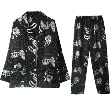 Sexy dāmas pidžamu augstas elastības zīda imitācija vainagu iespiesti jaka divu gabals ērtu un mīkstu mājās pakalpojums atbilstu JJF0149