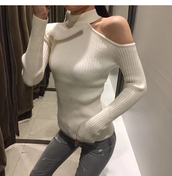 Sexy pie pleca trikotāžas džemperis Sievietēm elegants cieta šauri slim džemperi un džemperis 2018 Rudens ziemas džemperus, Rozā