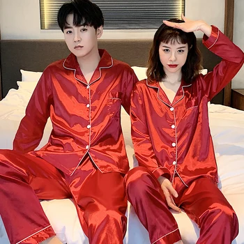 Sexy satīna pāris pidžamas komplekts mīļotājiem Kvalitātes Pjs Mājas Tērps Pavasara sievietēm un vīriešiem Sleepwear Jaciņa Long Piedurknēm Unisex pidžamas