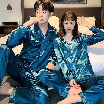Sexy satīna pāris pidžamas komplekts mīļotājiem Kvalitātes Pjs Mājas Tērps Pavasara sievietēm un vīriešiem Sleepwear Jaciņa Long Piedurknēm Unisex pidžamas