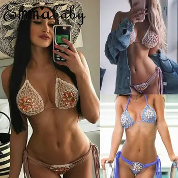Sexy Sievietes Kristāla Bikini Komplekts Pārsējs Tamborētas Trikotāžas Peldbikses, Peldkostīmu Peldēšanās