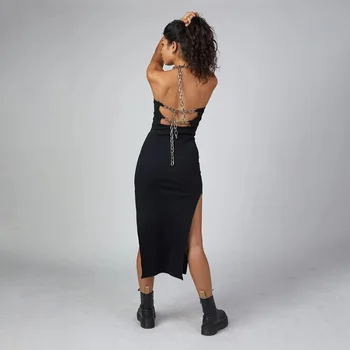 SEZONAS Black Modes Ķēdes Sexy Pavada Backless Spraugas Kleita Sieviete Mujer Vasaras Cietā Midi Kleitas, Sieviešu ASDR80529
