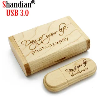 SHANDIAN USB 3.0 bezmaksas klientu LOGO Koka USB flash drive Kļavas koksnes + kārba pendrive 4GB 8GB 16GB 32GB 64GB atmiņas karti memory stick dāvanas