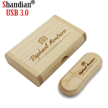 SHANDIAN USB 3.0 bezmaksas klientu LOGO Koka USB flash drive Kļavas koksnes + kārba pendrive 4GB 8GB 16GB 32GB 64GB atmiņas karti memory stick dāvanas