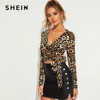SHEIN Multicolor Leopards Drukāt Tie Hem Kultūru Wrap Top Sieviešu Lakrosa Rudens V-veida kakla ar garām Piedurknēm Slim Fit Sexy T-krekli
