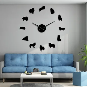 Sheltie Collie Suņu Šķirnes Sienas Mākslas DIY Milzu Sienas Pulkstenis Sheltie Klusums Kvarca Sienas Pulkstenis Šetlandes aitu suns Liels Laiks, Pulkstenis Skatīties