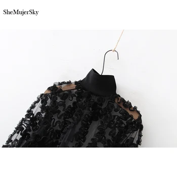 SheMujerSky Sievietes Sexy Šifona Blūze Rudens Garām Piedurknēm Augstu Uzrullētu Apkakli Ruffles Topi 2019 Modes Krekli Sieviešu