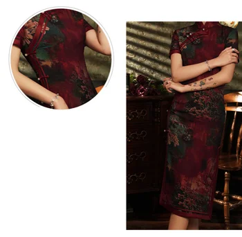 Sheng Coco Dāmas Jaunums Uzlabota Zīda Cheongsam Slim Ikdienas Ķīniešu Qipao Kleita Sarkanā Ziedu Dizainu Plus Lieluma Apģērbu