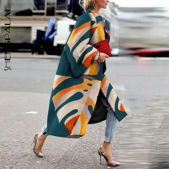 SHENGPALAE Rudens Ir 2021. Sieviešu Vējjaka Modes Ģeometriskas Apdrukas Kontrasta Krāsu lielformāta Ilgi Vējjaka Modes 5A139