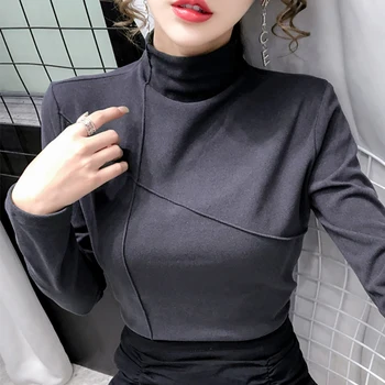Shintimes 2020. gada Rudenī augstu uzrullētu apkakli T Krekls Sievietēm korejiešu Stila Vīriešu Apģērbu Tshirt Sieviešu Tops ar garām Piedurknēm Kokvilnas Tee Kreklu Femme