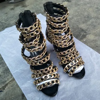 SHOFOO kurpes.Modes jaunums sieviešu kurpes , melna čūska ādas, zelta ķēdes apdare, 11cm augsts papēdis sandales. IZMĒRS:34-45