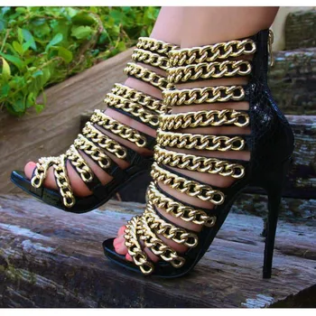 SHOFOO kurpes.Modes jaunums sieviešu kurpes , melna čūska ādas, zelta ķēdes apdare, 11cm augsts papēdis sandales. IZMĒRS:34-45