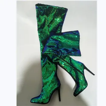 Shofoo kurpes.Skaists, moderns sieviešu kurpes, tumši zaļu audumu, 11 cm augsts papēdis zābaki, pār-the-ceļgala zābaki. IZMĒRS:34-45