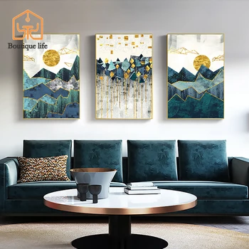 Sienas, attēlus Dzīvojamā istaba kanvas glezna ziemeļvalstu abstraktās ģeometriskās kalnu ainavas sienas mākslas glezniecības zelta saules plakāts