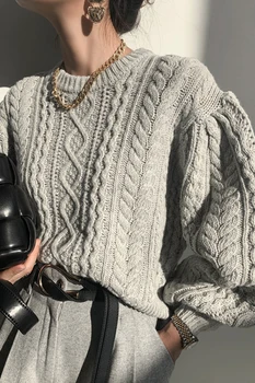 Sieviete, Džemperi ar garām Piedurknēm Velk Femme Automne Hiver Pelēkā Vērpjot Adīšanas Augšu Elegants korejas Kpop Puloveri Latern Piedurknēm XC042
