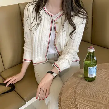 Sieviete Džemperi Ir 2021. Korejas Modes Elegants Svītrainām Vienu Krūtīm, Garām Piedurknēm Džemperis Adīts Mētelis Īsā Jaciņa Trikotāža T525