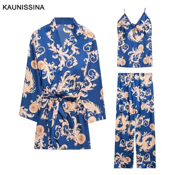 Sievietes 3 Gabali, Zīda Pidžamas Komplekti, Seksīgas Pidžamas Kimono Drēbes Iespiesti Sleepwear Komplekts Sieviešu Naktsveļu Satīna Loungewear Pavasara Vasaras