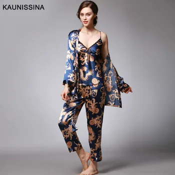 Sievietes 3 Gabali, Zīda Pidžamas Komplekti, Seksīgas Pidžamas Kimono Drēbes Iespiesti Sleepwear Komplekts Sieviešu Naktsveļu Satīna Loungewear Pavasara Vasaras