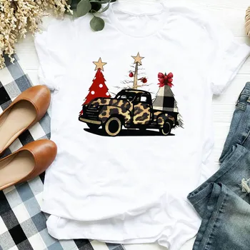 Sievietēm Lady Pleds Koku Kravas automašīnu vintage sniegpārslas Īsām Piedurknēm Priecīgus Ziemassvētkus Tshirt Sieviete Top Grafiskais Drēbes Kreklu, T Tee T-krekls