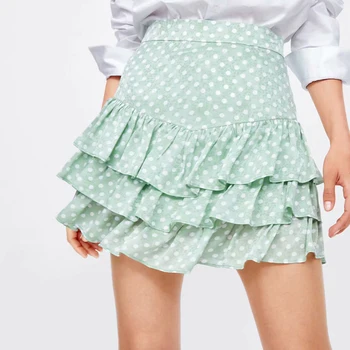 Sieviešu 2019 Polka Dot Print Za Green Mini Svārki Vasaras Modes Sieviešu Kroku Ruffles Svārki Sweet Lady faldas mujer moda