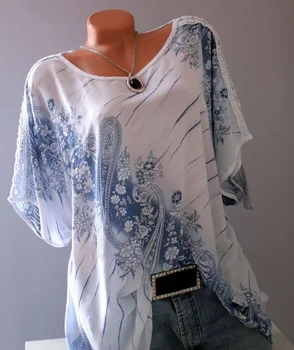Sieviešu apģērbu 2019 Jaunas Mežģīnes Drukāt O veida Kakla T-krekls ar Īsām Piedurknēm Zaudēt Krekli Vasaras Topi Modes Plus Lieluma Gadījuma T-Krekli 5XL