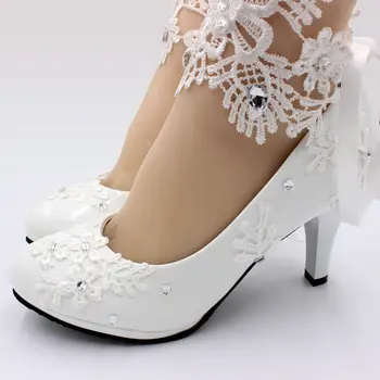 Sieviešu balta, augsti papēži kāzu kurpes sieviešu kurpes mežģīnes līgava ziedu kurpes sieviešu kurpes sekla kurpes 4.5 / 8cm lielu izmēru 42