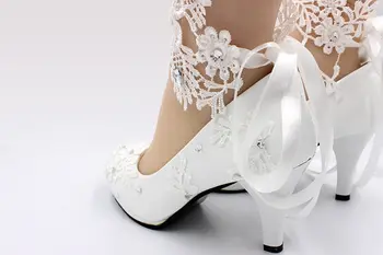 Sieviešu balta, augsti papēži kāzu kurpes sieviešu kurpes mežģīnes līgava ziedu kurpes sieviešu kurpes sekla kurpes 4.5 / 8cm lielu izmēru 42