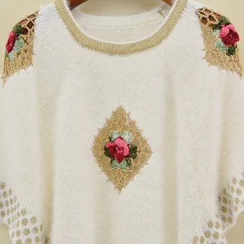 Sieviešu džemperis džemperis ziemas ciets balts o-veida kakla džemperis trikotāžas ziedu plecu luksusa adīts sieviešu džemperis