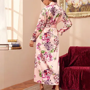 Sieviešu Elegants Ziedu Halāti Zīdaini Traipu Šifona Pidžamā Guļ Kleita Sexy V-veida kakla Mežģīnes augšu Drukāt Ilgtermiņa Piedurknēm Sleepwear Naktsveļu