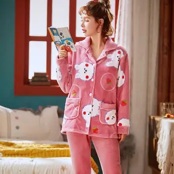 Sieviešu Flaneļa Ziemas Pidžamu Seksu Karstā Sleepwear Komplekts Sievietēm Karikatūra Pidžamas Komplekts Pogu Pilnu Piedurknēm Krekls Elsas Biezs Silts Homewear