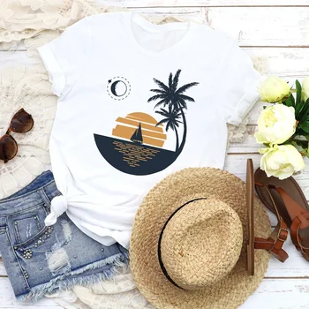 Sieviešu Grafiskais Dāma Palm Tree Beach Iespiesti 90s Modes Šausmu Galvaskausa Tees Drukāt, Topi, T Krekls Apģērbs Sieviešu Krekls, Sieviešu T-Krekls