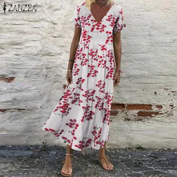 Sieviešu Iespiesti Sundress ZANZEA ir 2021. Modes Ziedu Vasaras Kleita Ikdienas Īsās Piedurknes Maxi Vestidos Sieviešu V Kakla Drēbes Lielgabarīta