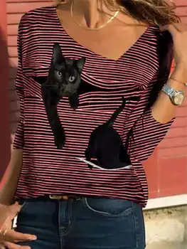 Sieviešu Ikdienas Jaunā Stila Iespiests Kaķis T-Krekls Ir 2021. Modes Sieviešu Asimetriskais V-veida Kakla Ilgtermiņa Piedurknēm Top Plus Lieluma Brīvs T-Krekls