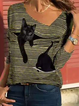 Sieviešu Ikdienas Jaunā Stila Iespiests Kaķis T-Krekls Ir 2021. Modes Sieviešu Asimetriskais V-veida Kakla Ilgtermiņa Piedurknēm Top Plus Lieluma Brīvs T-Krekls