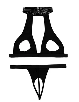 Sieviešu Karstā Slapjš Izskatās, Mākslīgās Ādas Bikini Veļa, Seksīga Erotiskā Veļa Komplekts Clubwear Pavada Kakla Dobi Ārā Krūtis Krūšturis ar G-string