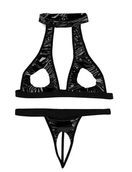 Sieviešu Karstā Slapjš Izskatās, Mākslīgās Ādas Bikini Veļa, Seksīga Erotiskā Veļa Komplekts Clubwear Pavada Kakla Dobi Ārā Krūtis Krūšturis ar G-string