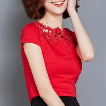 Sieviešu Kokvilnas Mežģīnes Raibs Krekls 2020. Gadam, Modes Vasaras Īsām Piedurknēm, Elegants Dāmu Topi Plus Lieluma Sieviešu Apģērbu Black Red White