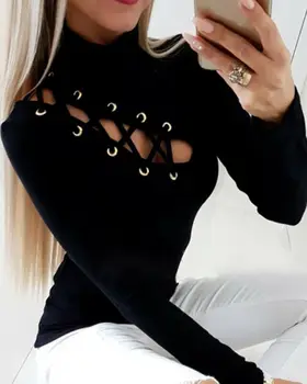 Sieviešu Krekls 2019 Jaunu Modes Sexy Dobi No Slim Fit ar garām Piedurknēm Gadījuma Apaļu Kakla Krekls Ciets Melns Tops Blūze sievietēm