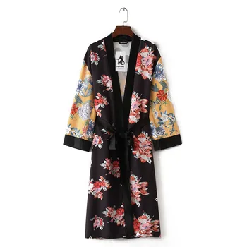 Sieviešu Krekls Boho Kimono Garo Jaku ar Ziedu rakstu ar garām Piedurknēm Izlīdzināšanu Piedurknēm Lielgabarīta Dzeltena Blūze blusas mujer de moda 2021