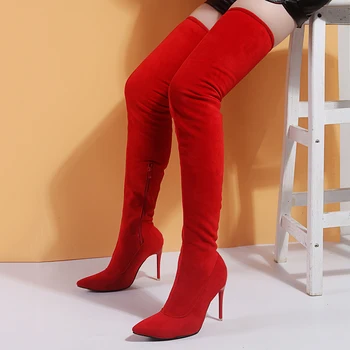 Sieviešu kurpes sieviete, plus liela liela izmēra 35-43 virs ceļgala zābaki plānas augsta papēža sexy puse elastīgi zābaki botas mujer de 2019