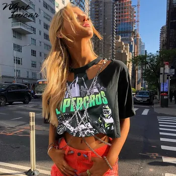 Sieviešu mode t-krekli hip hop drukāt Metāla ķēde ir vaļīga o-veida kakla īsām piedurknēm crop topi elastīgs izstiepts meitene vasarā jaunas