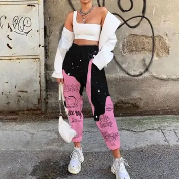Sieviešu Modes Galvaskausa Modelis Drukāt Raibs Bikses Streetwear Gadījuma Elastīgs Joggers Augsta Vidukļa Biksēm Kabatas Bikšu Harajuku